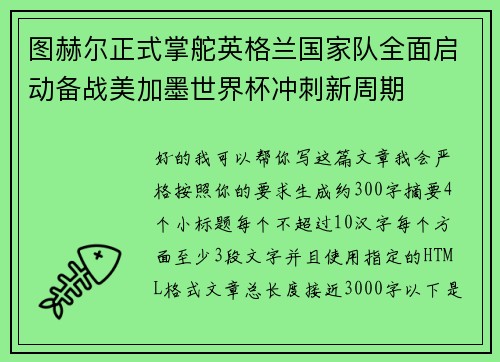 图赫尔正式掌舵英格兰国家队全面启动备战美加墨世界杯冲刺新周期